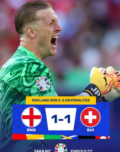 欧洲杯点球激战：英格兰 5-3 胜瑞士，挺进半决赛